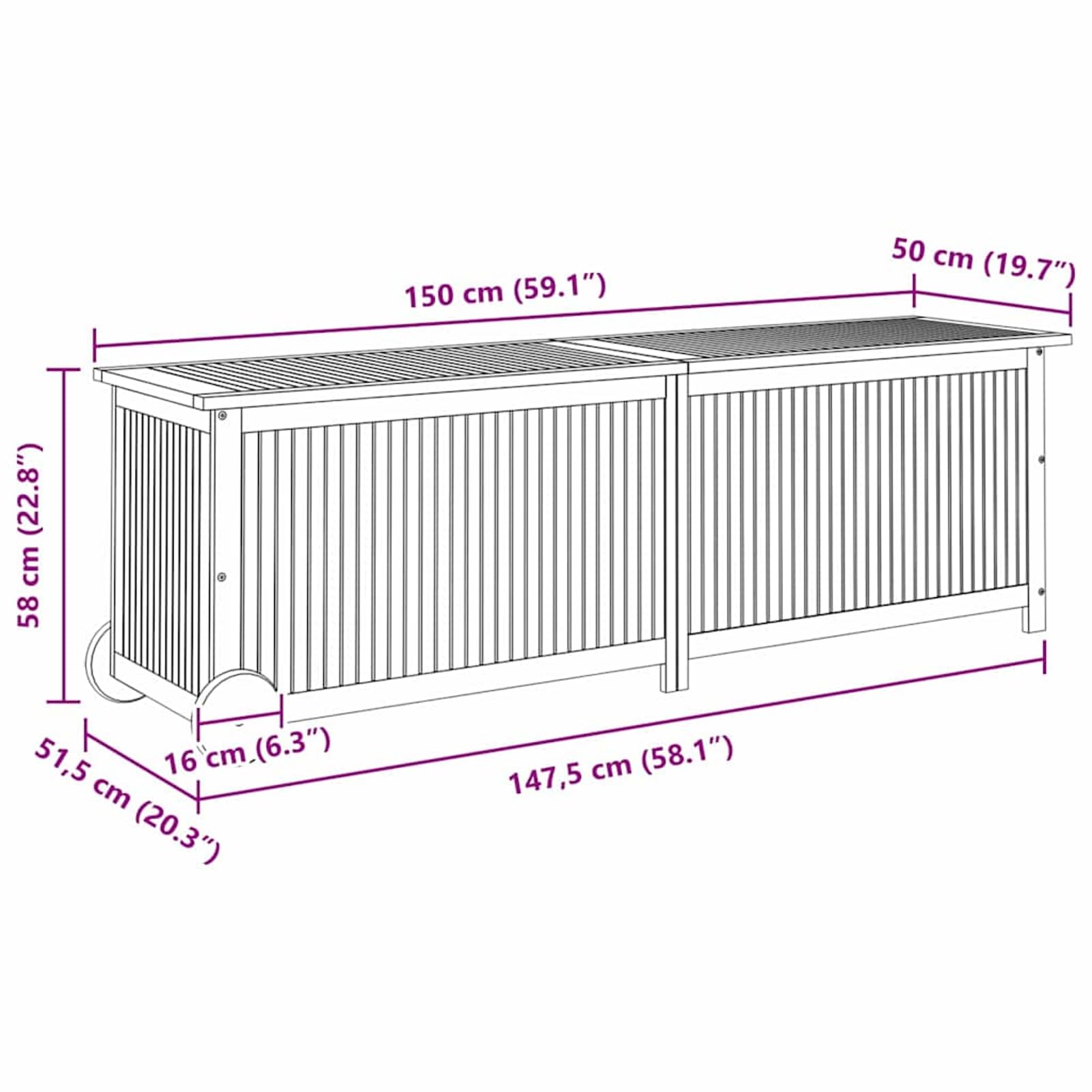 Rantry Scatola portaoggetti da giardino con ruote, in legno di acacia 150 x 50 x 58 cm, scatole di immagazzinaggio per esterni casa mobili mobili decorazione casa esterna capannone
