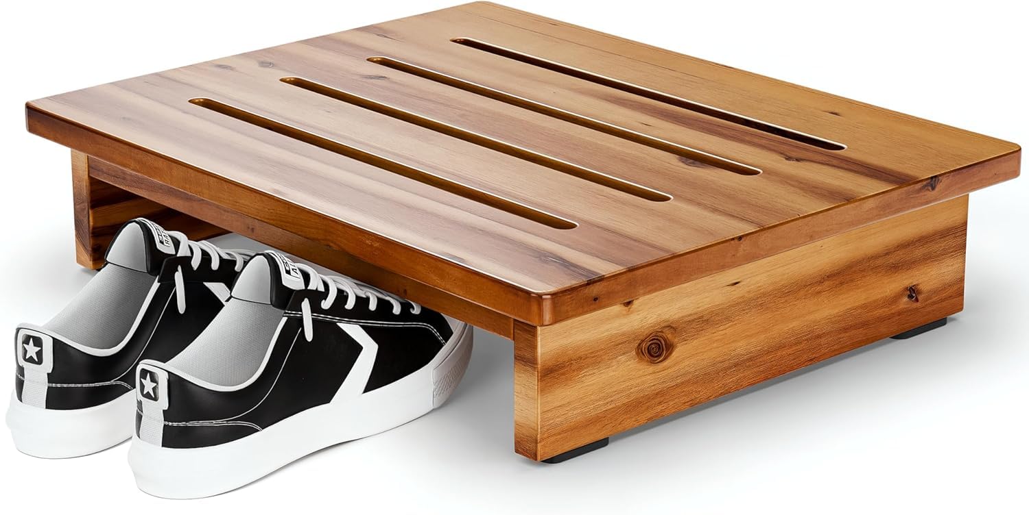 Runam Woods 3.5" Tall Wooden Step Stool for Adults (Assembled) - 200 lbs One Stool for High Bed Risers - Small Step Stool for Seniors, Children/Bathroom, Bed, Kitchen (Acacia Wood)-image-2