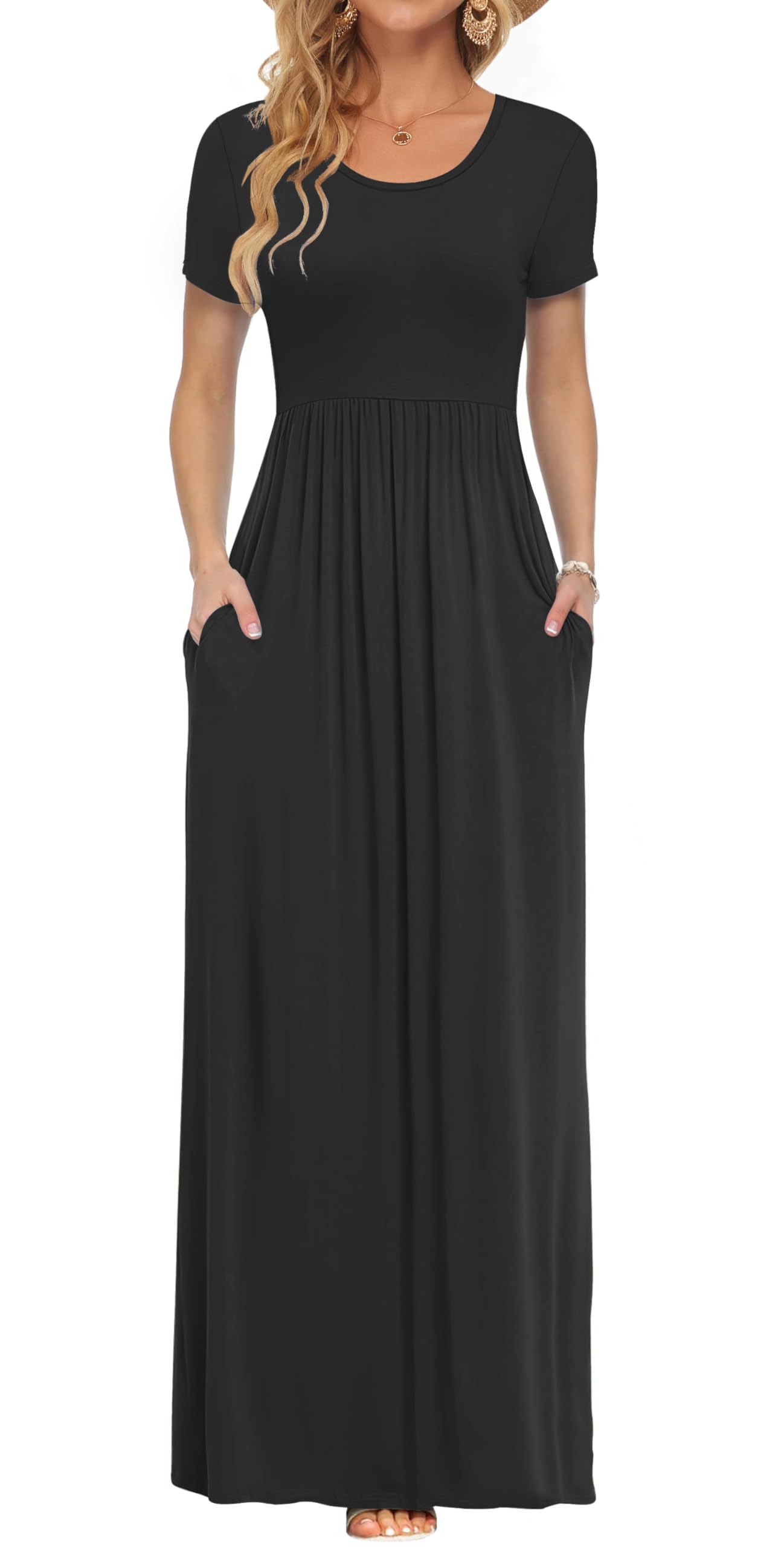 AUSELILY Damen Kurzarm Sommer Casual Long Maxi Kleider mit Taschen