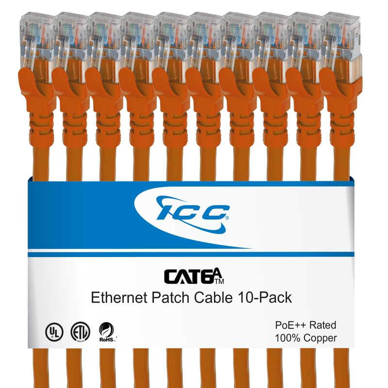 ICC CAT6A U/FTP UL Listed RJ45 Ethernet Patch Cord, Stranded, 500 MHz, Pure Bare Copper Wire, 26 AWG, LAN Network Patch Cable, Slimline Strain Relief, Orange, 1 FT, 10-Pack