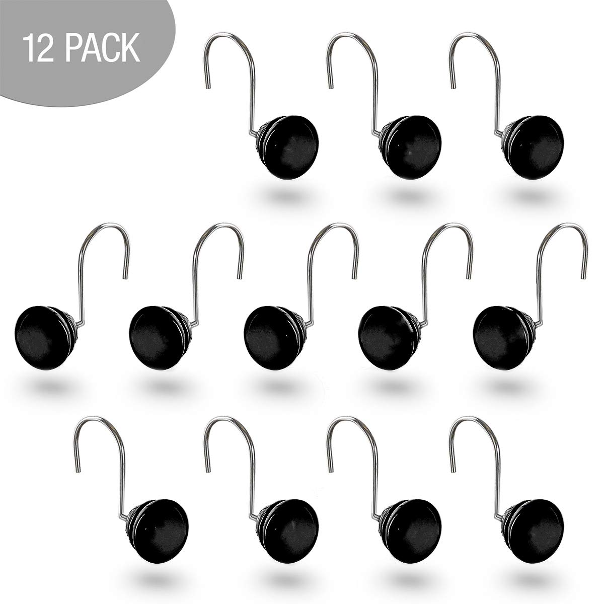 Creative Scents Ganchos para cortina de ducha, juego de 12 anillos negros para cortina de ducha, 100% a prueba de óxido (negro)