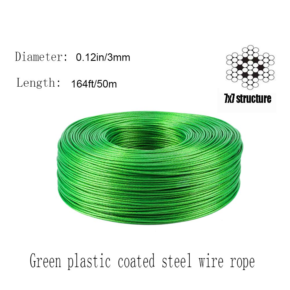 Cavo in acciaio inox 304 rivestito in vinile intrecciato antiruggine, lunghezza 7 x 7, lunghezza struttura: 50 m, verde, diametro 3 mm