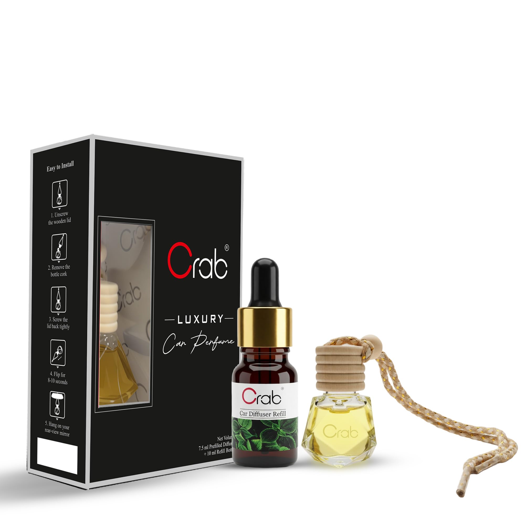 Crab Luxury Oudh Noir Car Perfume (7.5ml + 10ml Refill) | Long-Lasting Bold Oud Fragrance | Premium Wooden Lid Hanging Diffuser | IFRA Certified Essential Oils | Air Freshener for Car, Home & Office-image-16
