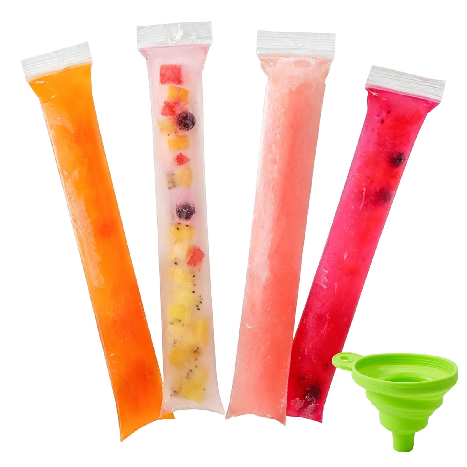 100Pcs Ice Pop Bags with Funnel, BPA Free Disposable Ice Lolly Bags for DIY Homemade Frozen Treats, Popsicle Bags with Seal for Juice, Yogurt, Smoothies and Ice Lollies