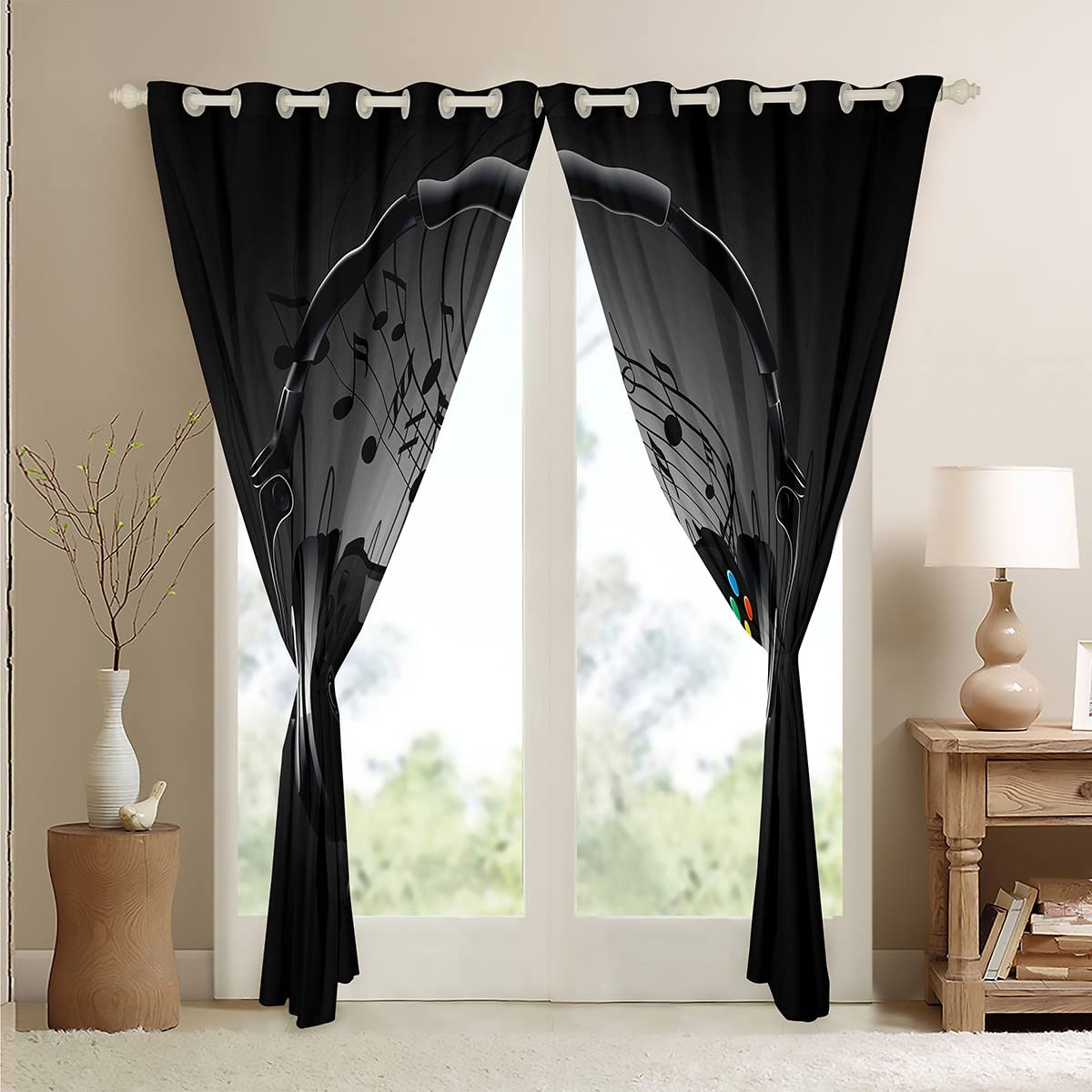 Loussiesd Gaming Curtains Black Grey Gamer Curtain for Boys Bedroom Music Headphones Notes Window Drapes Kids Teens Video Game Controller Home Decor Texture Curtains W46*L72 - Image 4