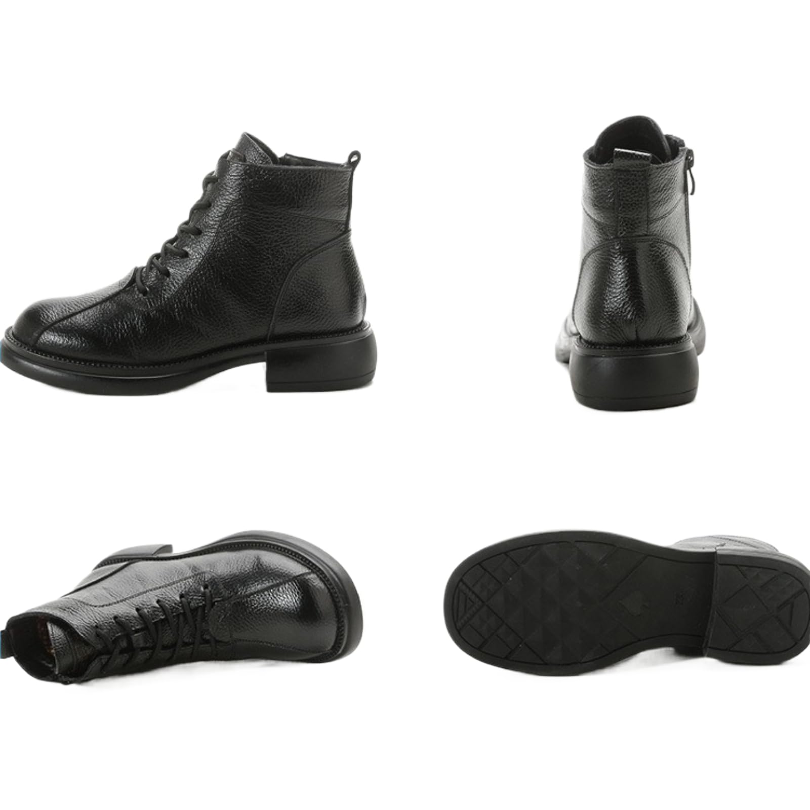 Womens Genuine Leather Lace Up Ankle Boot with Side Zipper Casual Round Toe Block Heel Lightweight Soft Shoes