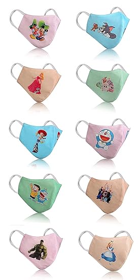 CHINTNAM Cotton Digital Printed Mask for Children Skin Friendly Washable & reuseble with Germ Shield Kids Face Mask with Adjustable Ear Loops Reusable for Children Gift(Pack of 10)