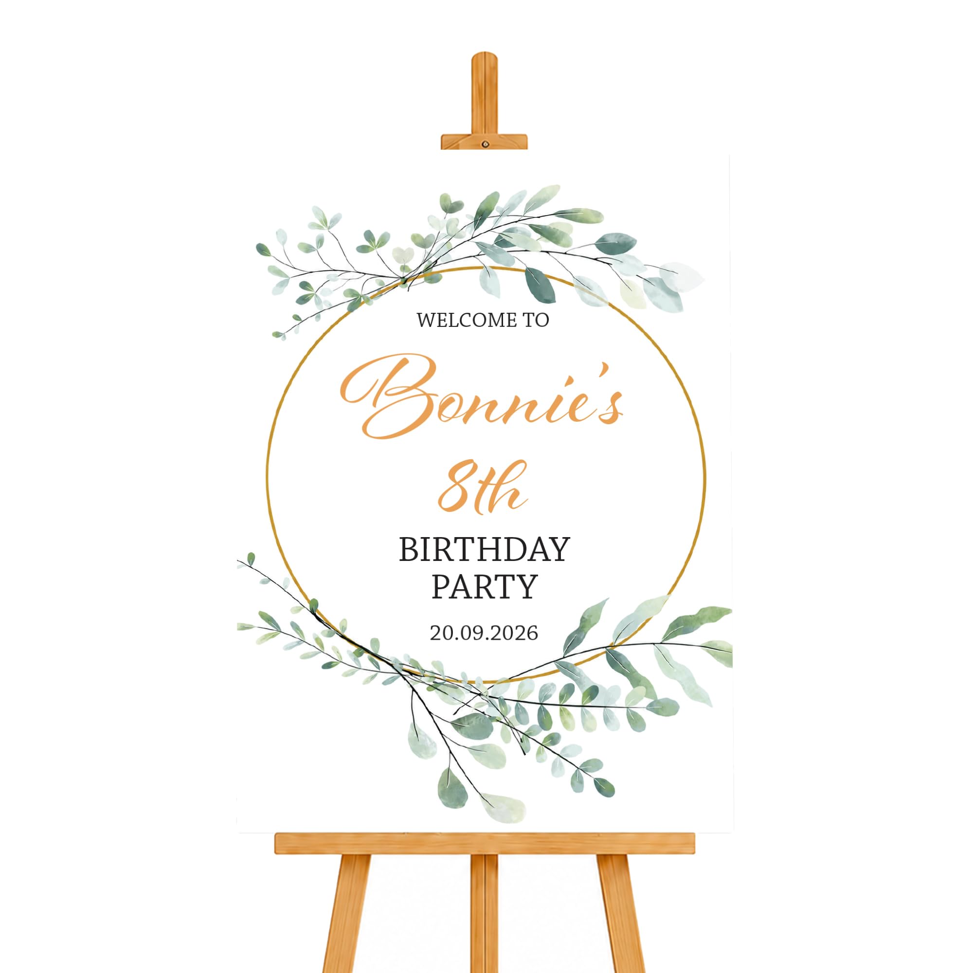 Personalised Birthday Welcome Sign, Custom Name, Age & Date Party Board (Leaf Wreath)