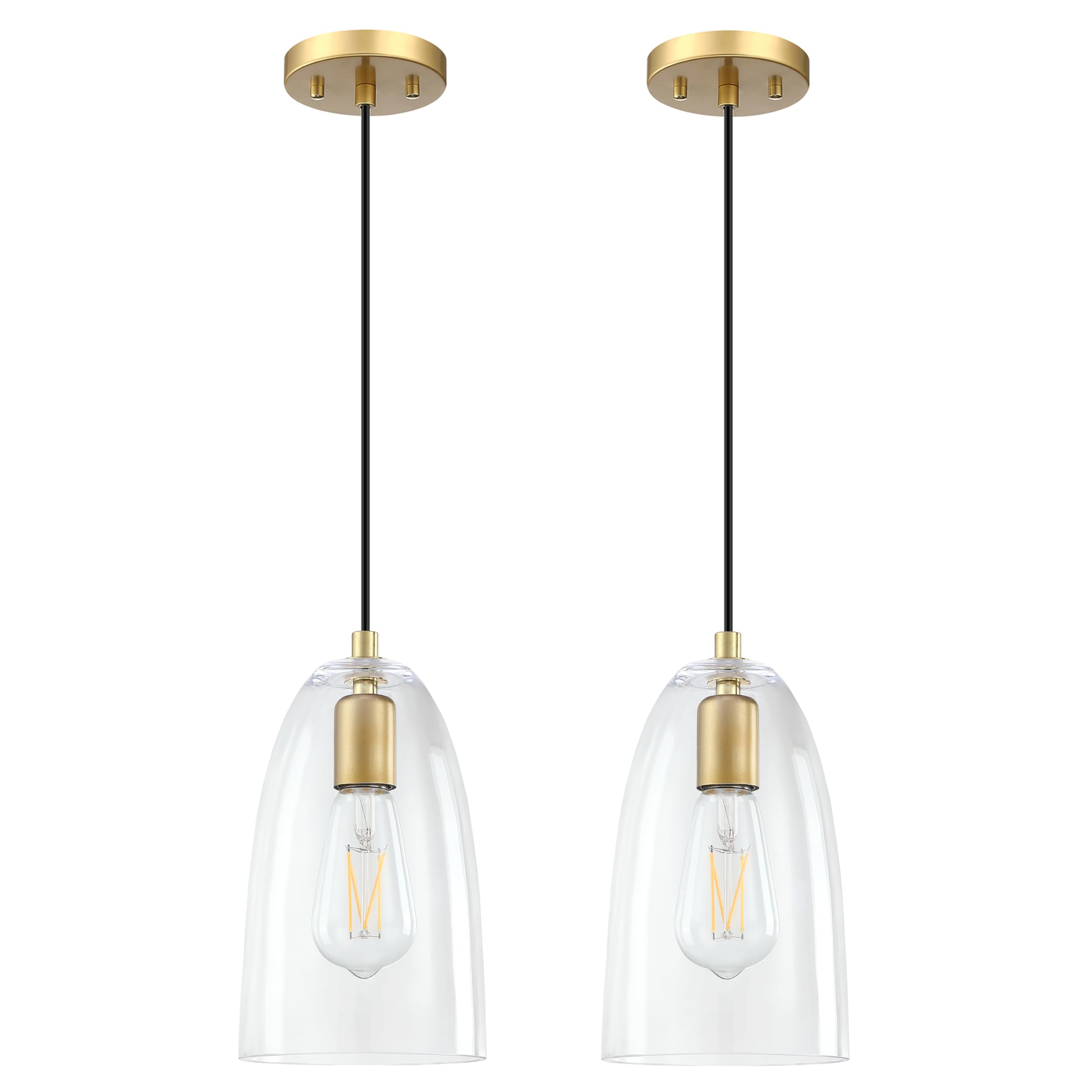 1 Light Indoor Hanging Kitchen Island Pendant Lights 5.3" Clear Amber Glass Pendant Light Fixtures Gold Finish Modern Farmhouse Dinning Over Sink (Clear Glass, 2 Pack)