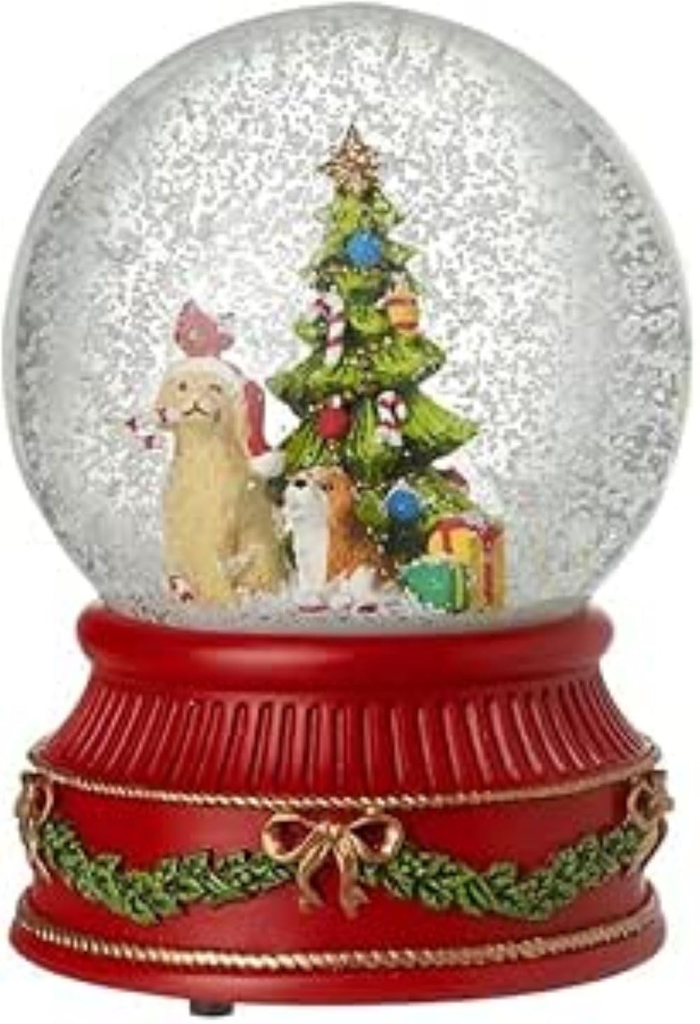 Heaven Sends Dark Red Dogs Around Christmas Tree Musical Snow Globe
