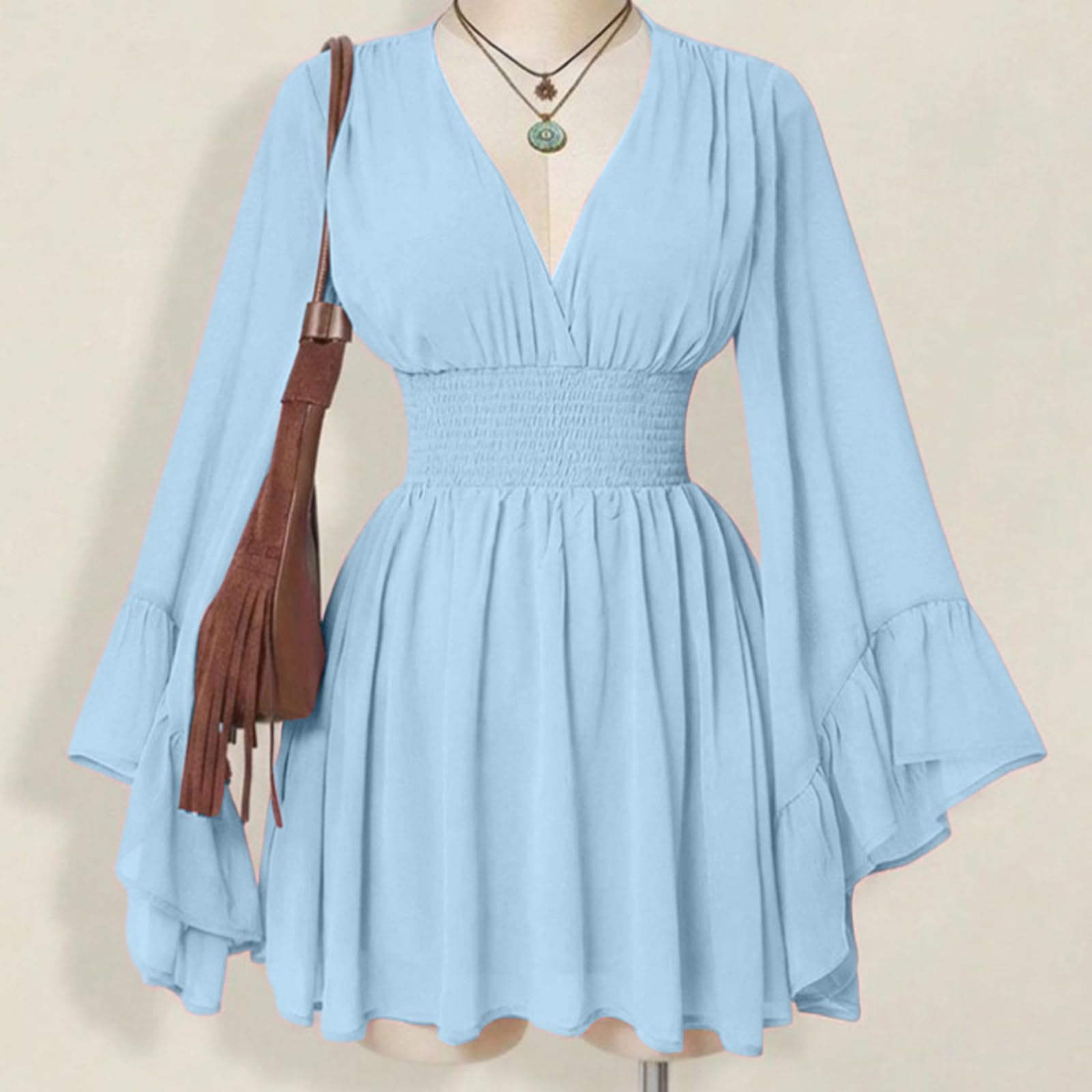 Wickelkleid Damen Kurz Boho Sommerkleid Mit Volantärmeln Smock Taille