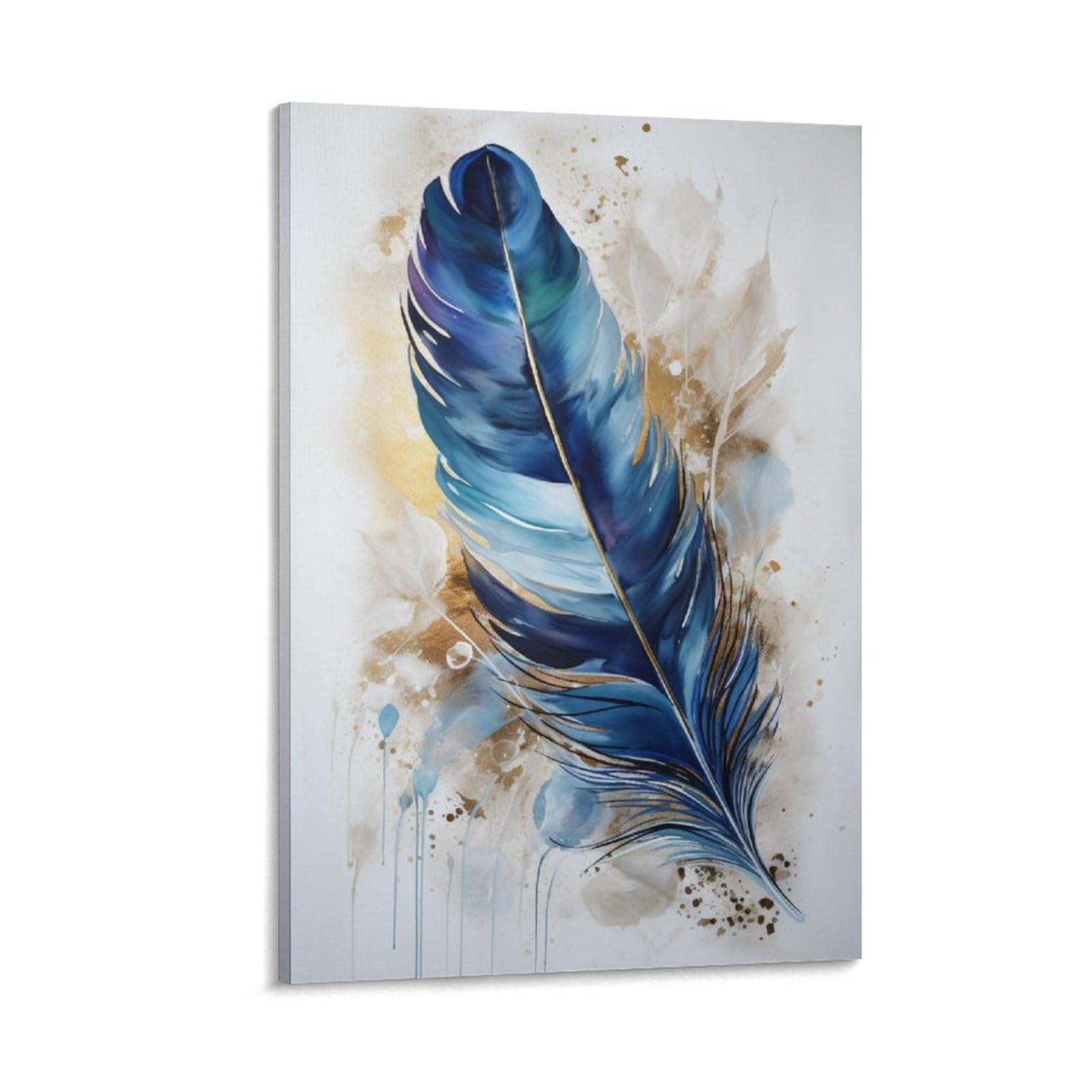 Foccar Frame-Colorful Feather Canvas Wall Art Colorful Feather Wall Decorations For Living Room Watercolor Glam Dazzling Retro Blue Hang Pictures Wall Artwork