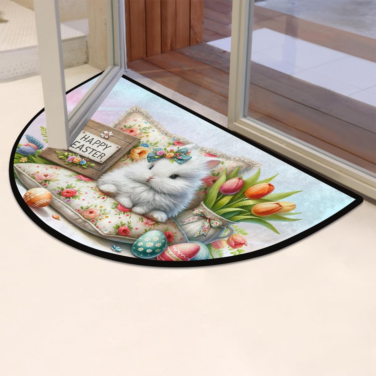 Half Round Doormat Easter Animal Bunnies Washable Semi Circle Area Rug Non Slip Absorbent Half Moon Rug for Indoor Outdoor Bathroom Kitchen Patio Front Welcome Fireplace Hearth Floor Mat