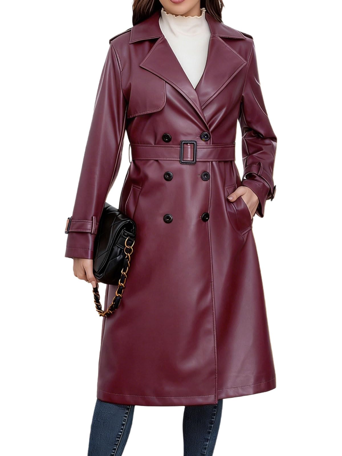 utcoco Damen-Trenchcoat aus Kunstleder, zweireihig, mit Gürtel, hohe Taille, lange PU-Lederjacke, Herbst-Winter-Oberbekleidung
