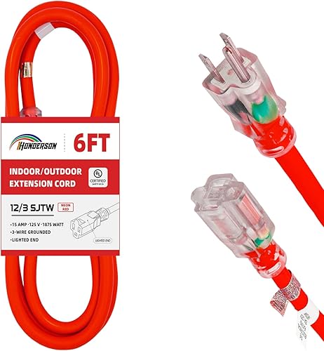 HONDERSON Cable de extensión iluminado para exteriores 123 de 6 pies, calibre 12, 3 puntas, SJTW, resistente cable de extensión rojo neón con