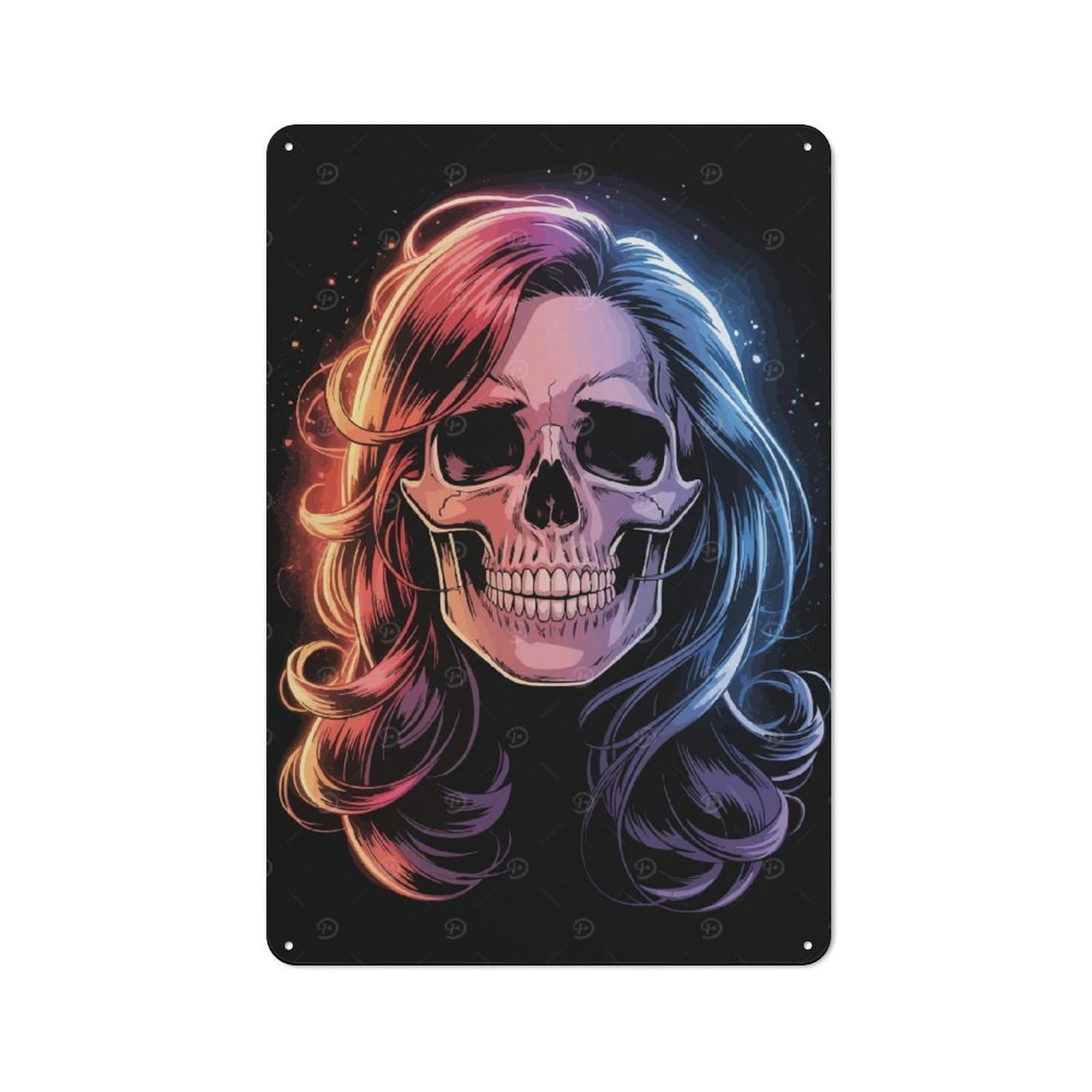 Junmoney Skull With Colorful Hair Illustration Retro Metal Sign 30X20cm For Garage Wall, For Home Interiors And Metal Sign Collectors