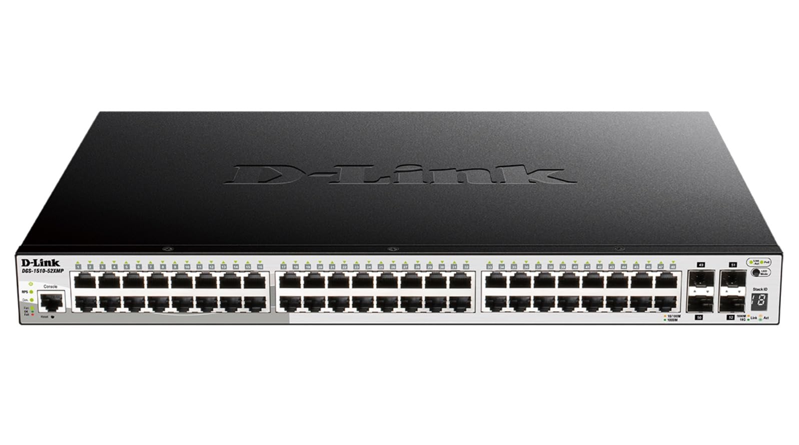 D-Link DGS-1510-52XMP, 52-portowa warstwa 2/3 Smart Managed PoE Gigabit Stack Switch (48 x 10/100/1000 Mbit/s BaseT PoE+ Port, 4 x gniazdo SFP+ 10G, pojemność 370 W, metalowa obudowa 19")