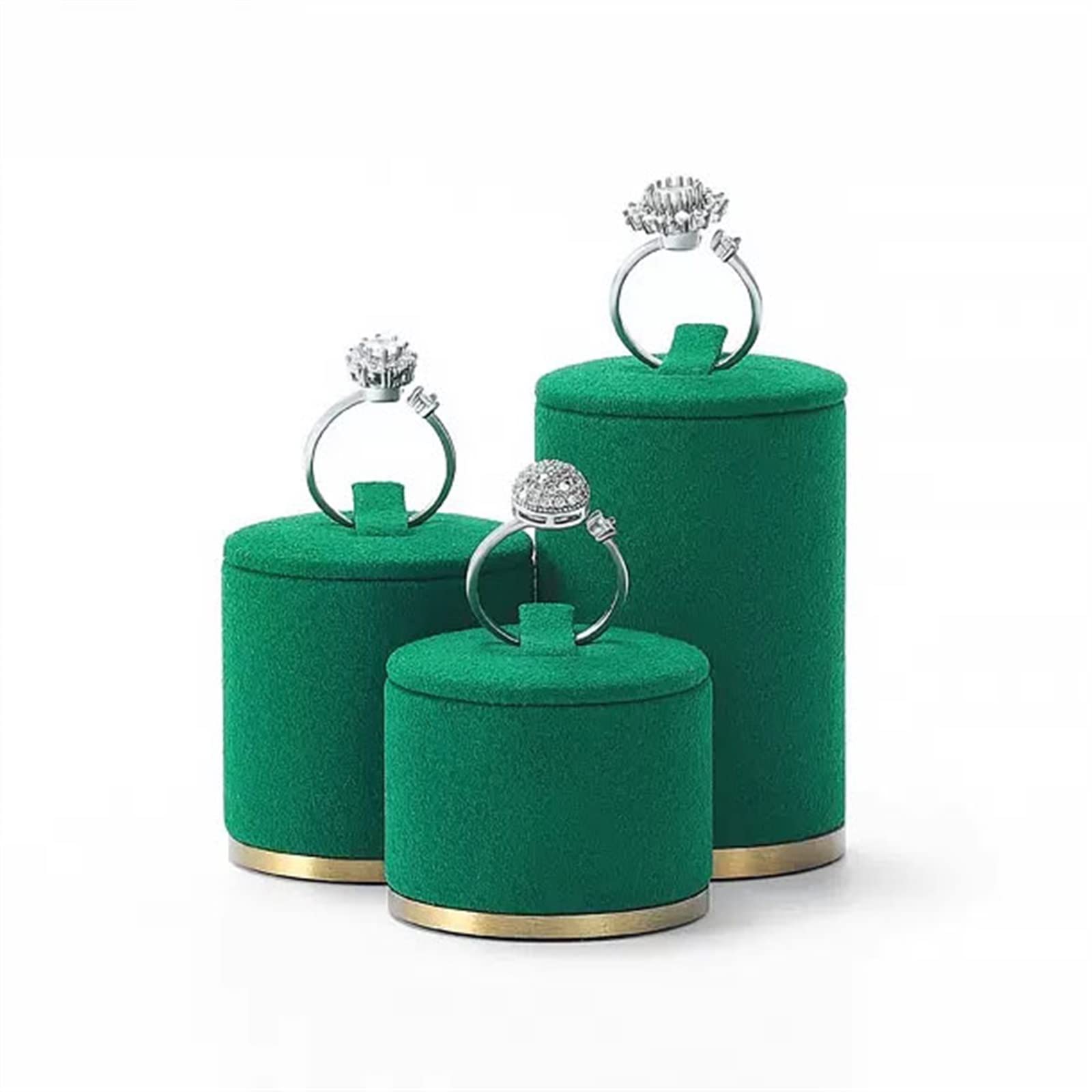J9V4G6S3B5 Jewellery Storage Jewelry Ring Stand Holder Display Set Green Velvet 3 Piece Cylinder Pedestals