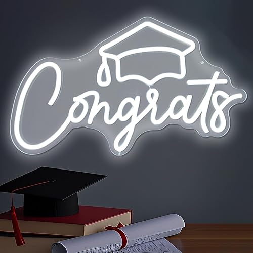 Letrero de neón con texto en inglés "Congrats Grad" (Congrats Grad), letreros de luces de neón para telón de fondo, fiesta de graduación, decoración
