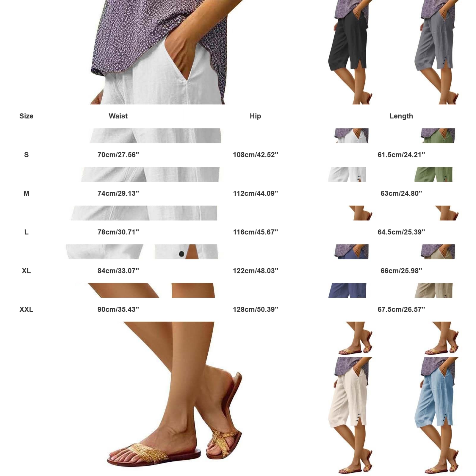 Women's Summer Linen Shorts, Lightweight Cotton High Waisted Elastic Bermuda Knee Curvy Shorts Elegant Loose Beach Shorts with Drawstring and Pockets for Sea Sport - 3