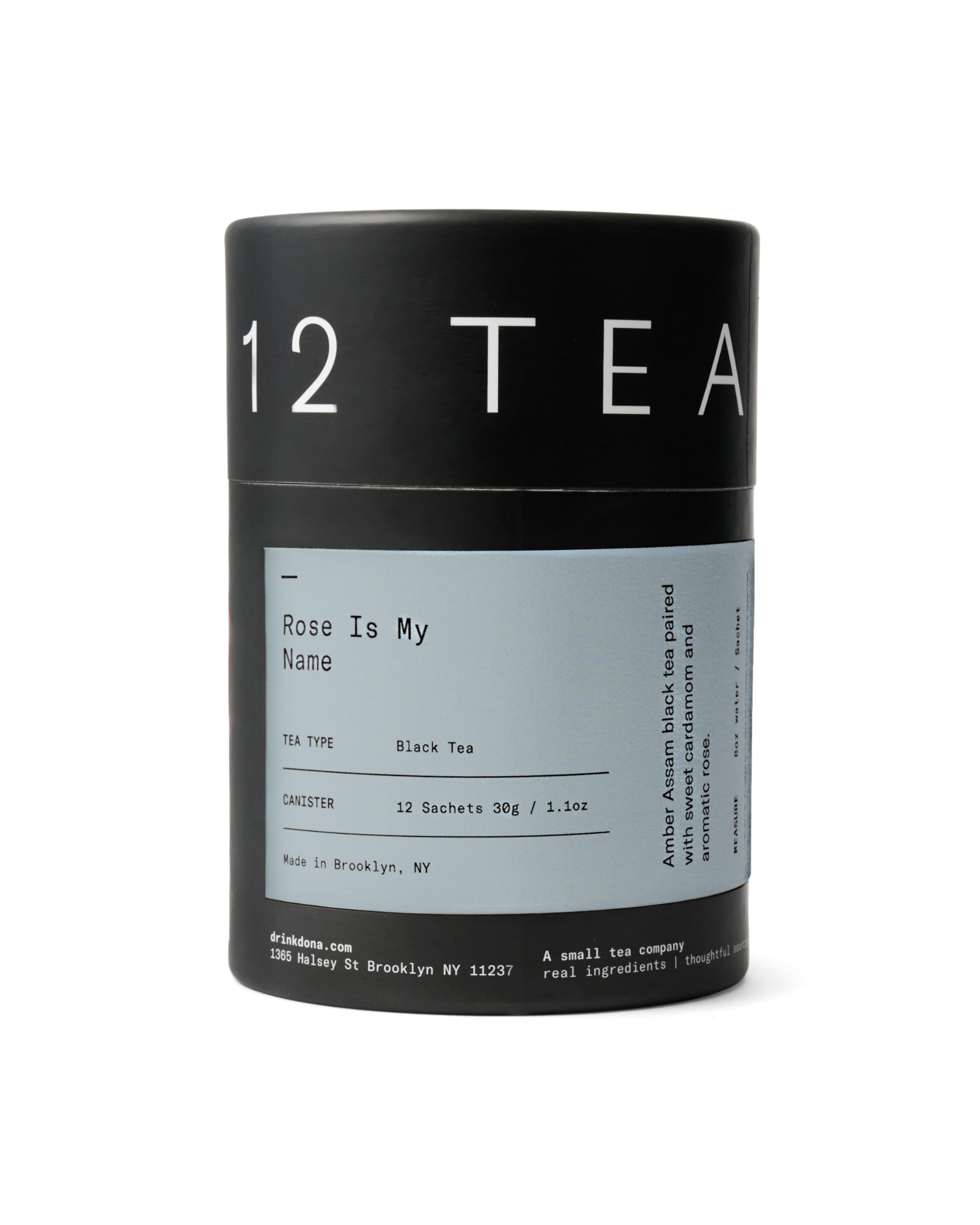 Dona single origin, premium blended teas conveniently packaged in plant-based sachets, canister of 12 sachets/teabags (Rose is My Name)