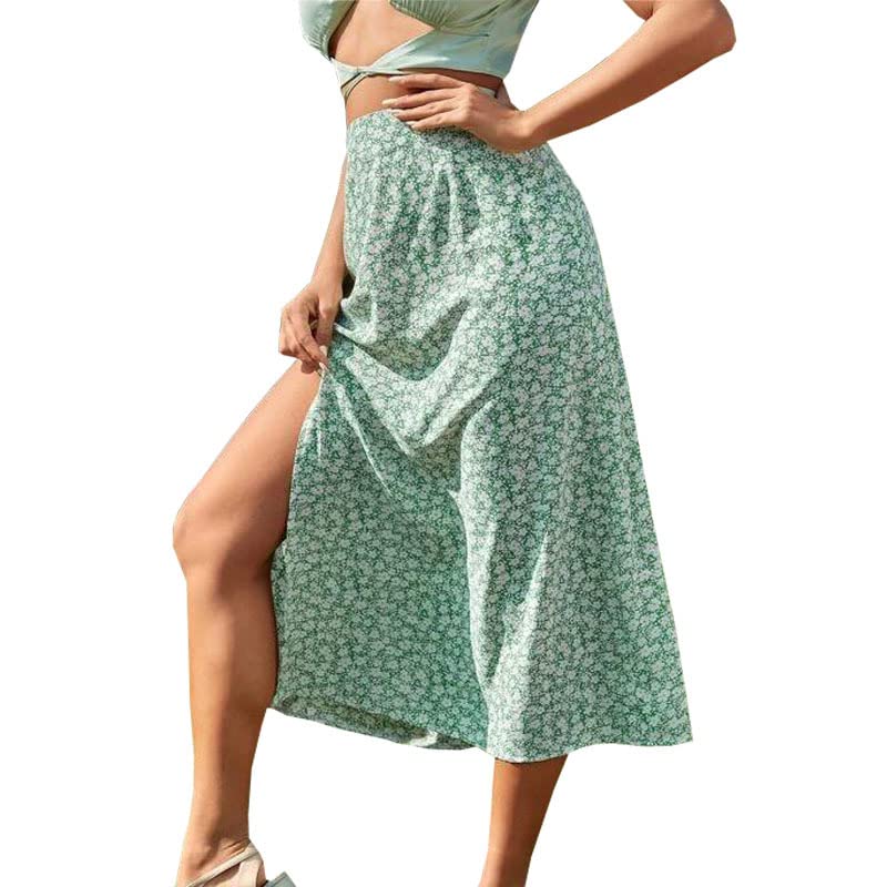 Summer Floral Half-Length Skirt, Slit A-line Body-Hugging Long Skirt
