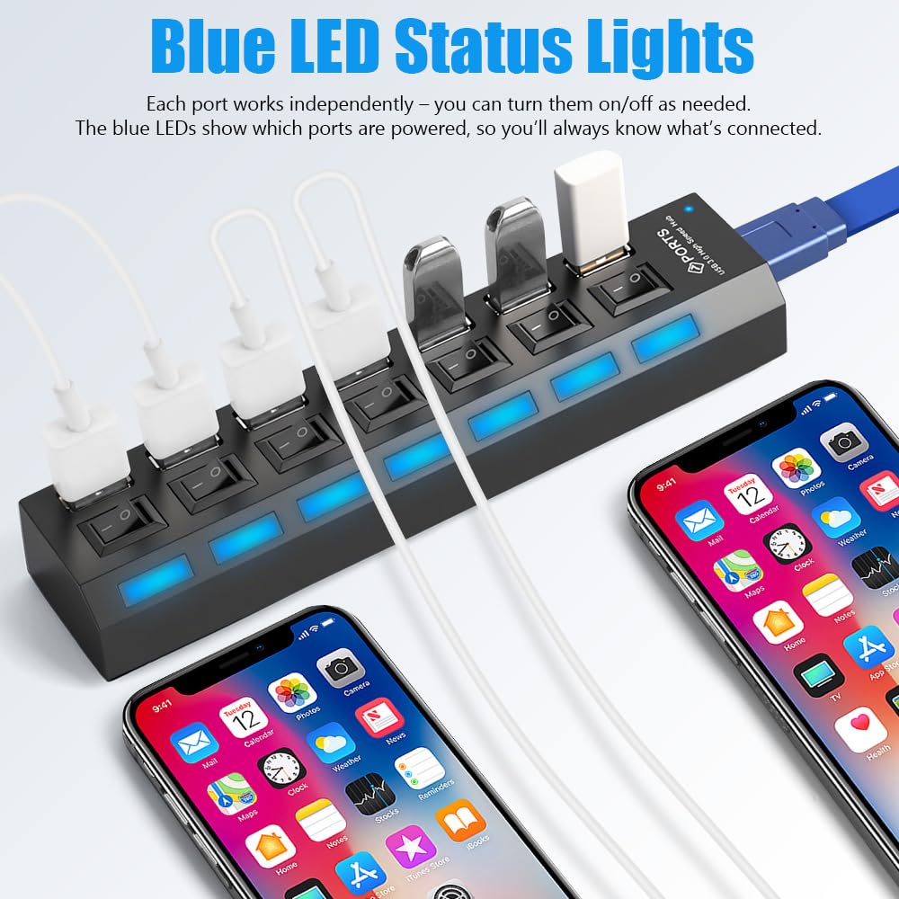 OFFCUP Hub USB 7 portów z zasilaczem, rozdzielaczem USB, aktywnym hubem USB 3.0+2.0 z indywidualnymi przełącznikami i wyświetlaczem LED, plug & play, do laptopów, komputerów MacBook i innych urzą