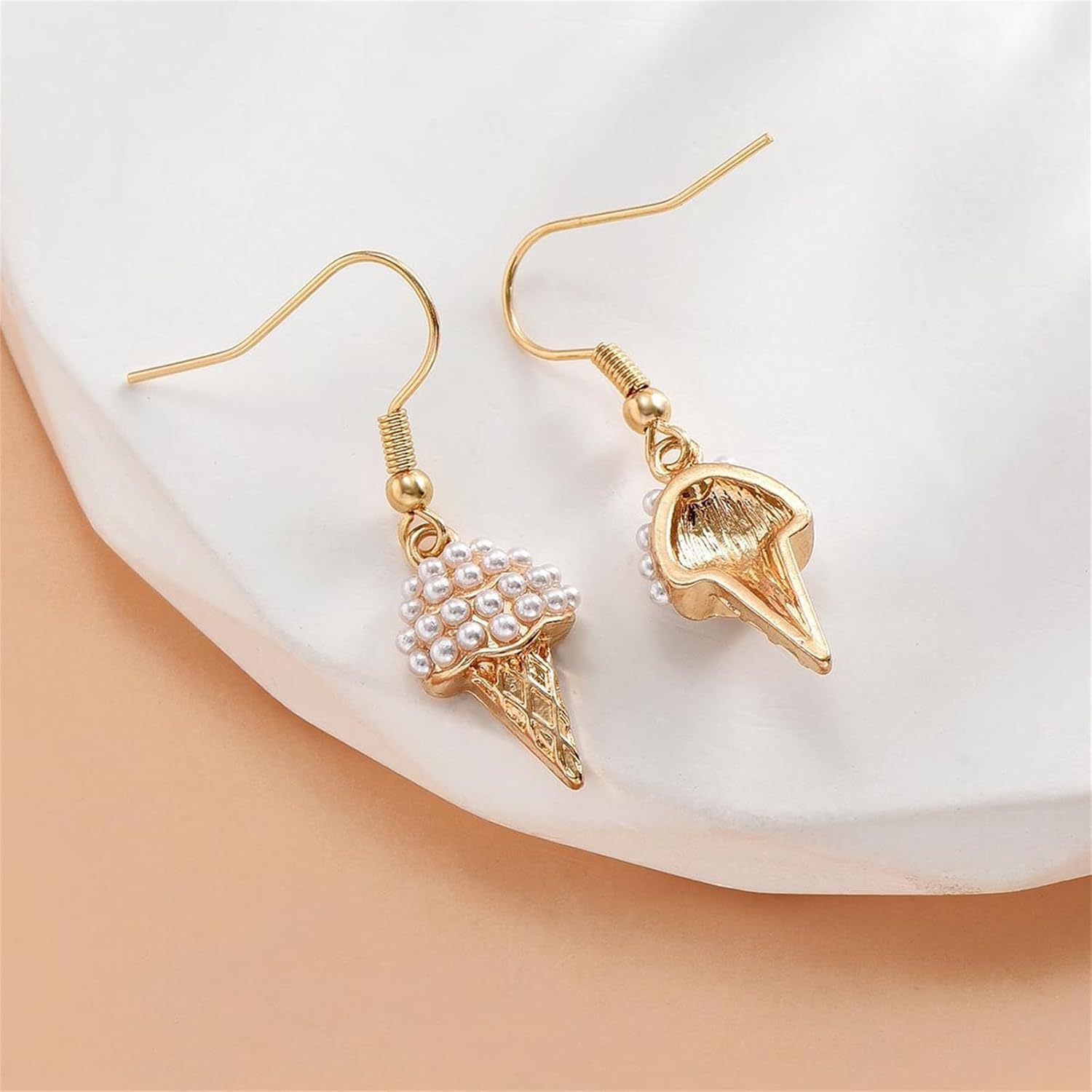 Icecream Cone Pearl Earrings for Women Gold Plated Handmade Lovely 3D Imitate Ice Cream Cake Food Cute Small Dangle Drop Earrings for Birthday Summer Beach Vacation Fashion Jewelry Gifts - Image 6