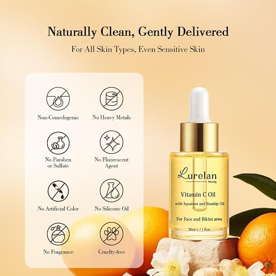 Double Vitamin C Oil For Face and Bikini Area - Brightening Oil with Squalane, Rosehip, Vitamin E, Non-Comedogenic, Vegan, for All Skin Types (Face oil)