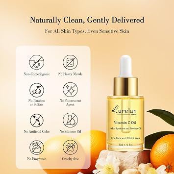 Double Vitamin C Oil For Face and Bikini Area - Brightening Oil with Squalane, Rosehip, Vitamin E, Non-Comedogenic, Vegan, for All Skin Types (Face oil)