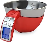 Fradel Digital Kitchen Food Scale with Removable Bowl - 11lb Capacity, Grams/Ounces, Dishwasher-Safe Stainless Steel Mixing Bowl, Red