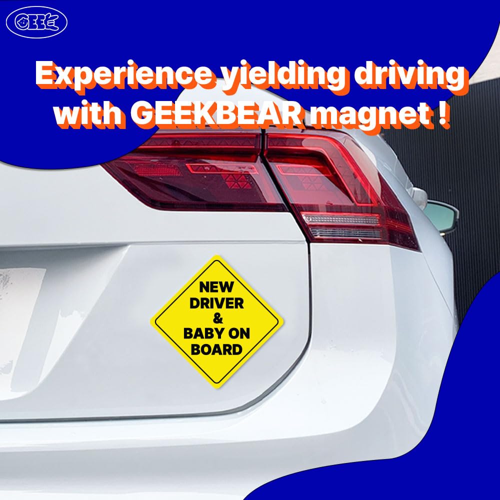 GEEKBEAR Neuer Fahrer und Baby an Bord Auto-Schild - Aufkleber oder Magnet & Farboptionen, wetterbeständig - Rautenform 17,4 cm x 17,4 cm (Yellow, Reflective Magnet)