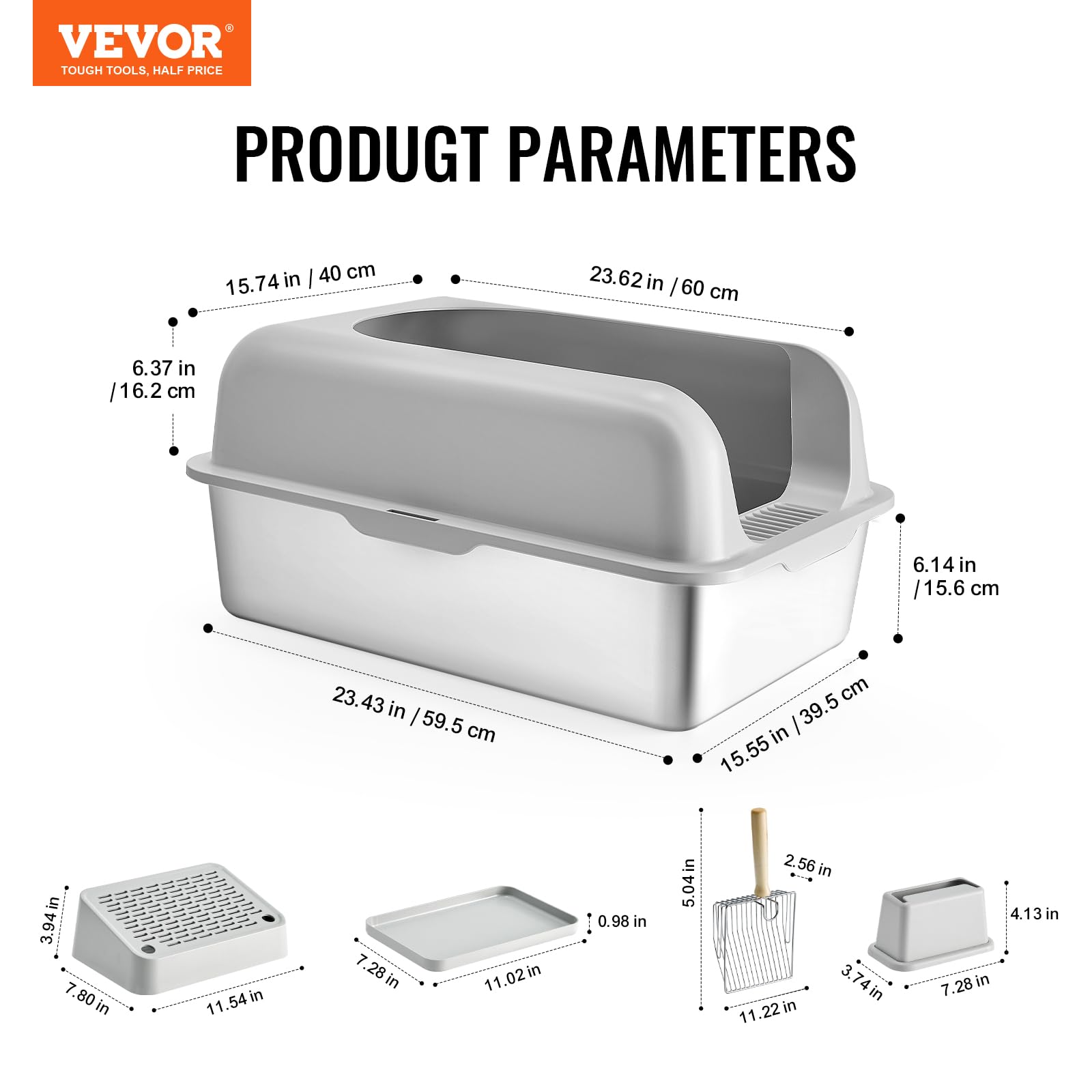VEVOR Stainless Steel Cat Litter with Lid, XL Extra Large Enclosed Cat Litter Box for Big Cats, High Sides Metal Litter Box, Anti Leakage,Odor-Free & Easy Cleaning,Include Scoop & Foot Board - image 8