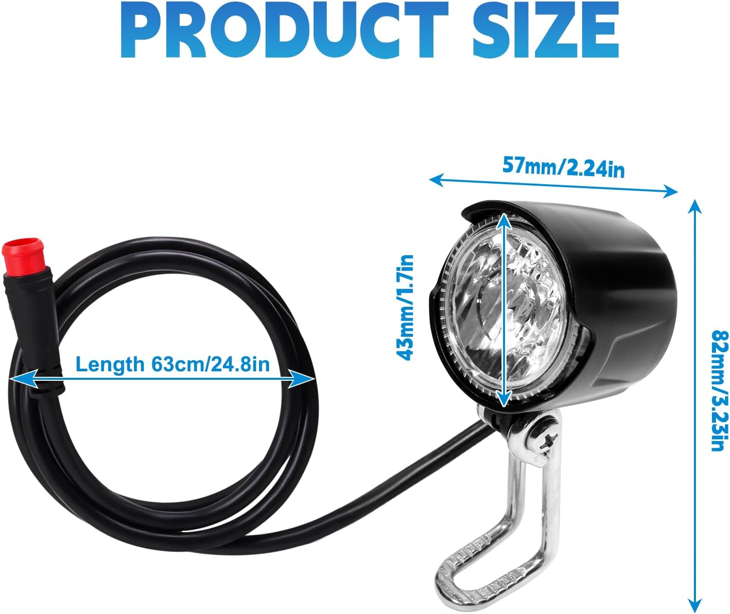 Universal eBike Headlight, 2 Pin Waterproof Connector, Wide Voltage DC 6V - 60V, Compatible with Electric Bike Bicycle Motorcycle & Scooter