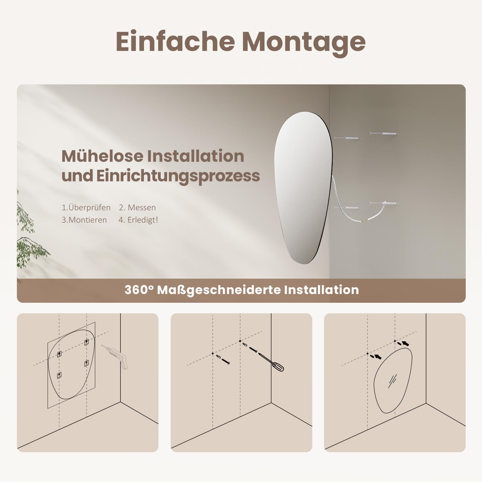 EMKE Specchio asimmetrico decorativo da parete 70x50 cm bagno specchio irregolare con quattro fori di sospensione HD specchio da parete in vetro per bagno, camera da letto, corridoio, lavabo