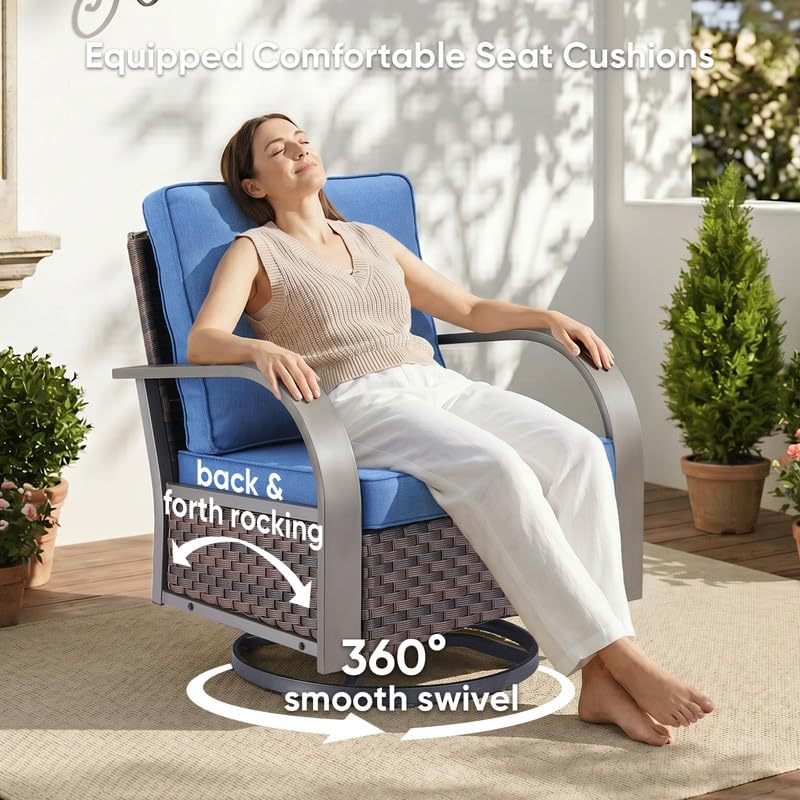 Image of 3 Piece Outdoor Patio Wicker Swivel Rocker Chairs with Table, Blue Cushion