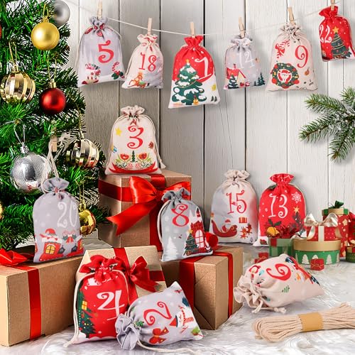 DazSpirit Adventskalender zum Befüllen 2025, DIY Säckchen, 24 Groß Stoffbeutel, Adventskalender Selber Befüllen für Kinder & Erwachsene, Säckchen mit Holzklammern und Hanfseil