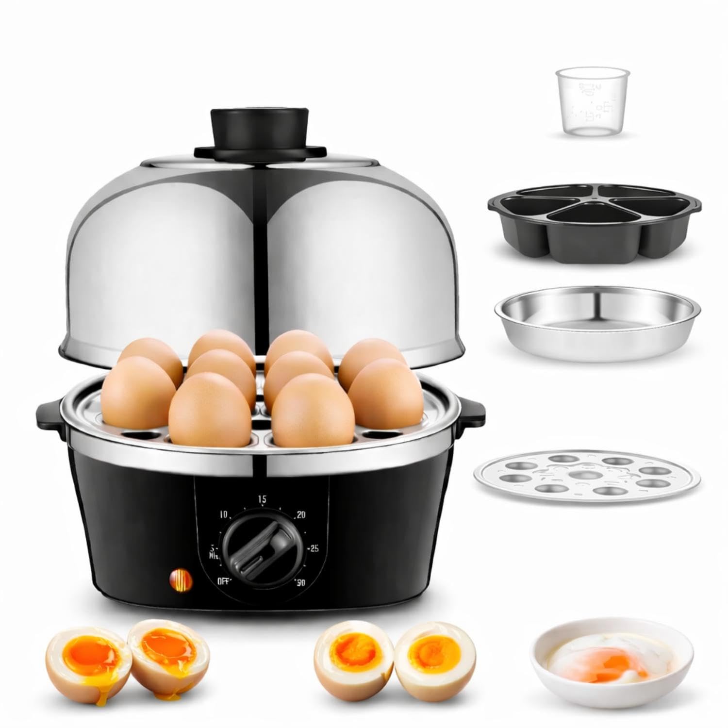 – SKY-TOUCH Rapid Electric Egg Cooker, 9 Egg Capacity with 350W Rapid Steam, 304 Stainless Steel Egg Steamer with Cooking Rack and 2 Steaming Bowl for Cook Eggs, Automatically Closed