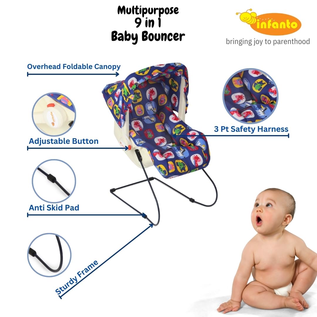 INFANTO Multipurpose 9 in 1 Bouncer | Compatible with Stroller | Rocker | Feeding Chair | Sleeping Carrier | Bath Chair | Mosquito Net | RB38-(Blue) 2