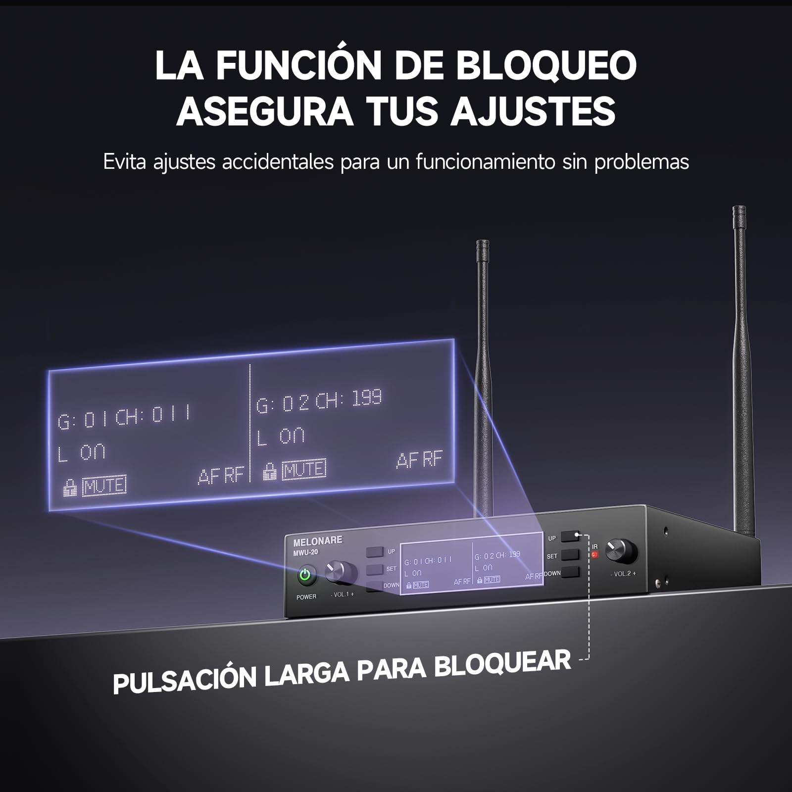 MELONARE Sistema Micrófono Inalámbrico UHF Dual Auto Scan MWU-20-2H | 2 micrófonos dinámicos de mano, 2 x 100 frecuencias, rango de 79 metros, canto, karaoke, iglesia y sets DJ