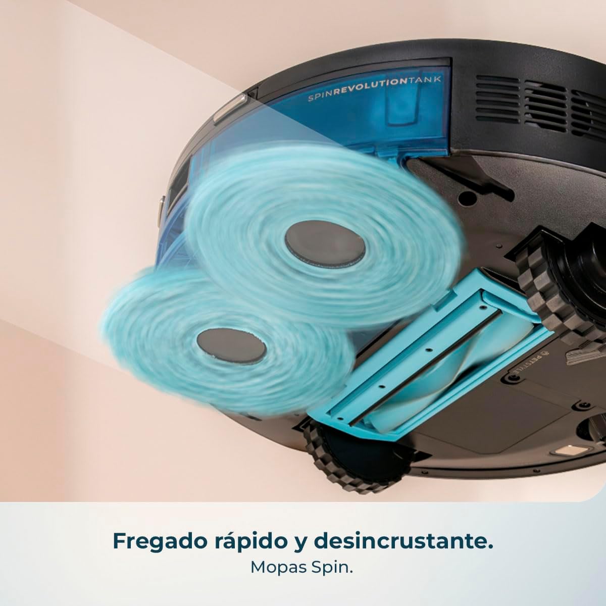 Cecotec robot vacuum's rotating mops cleaning a floor