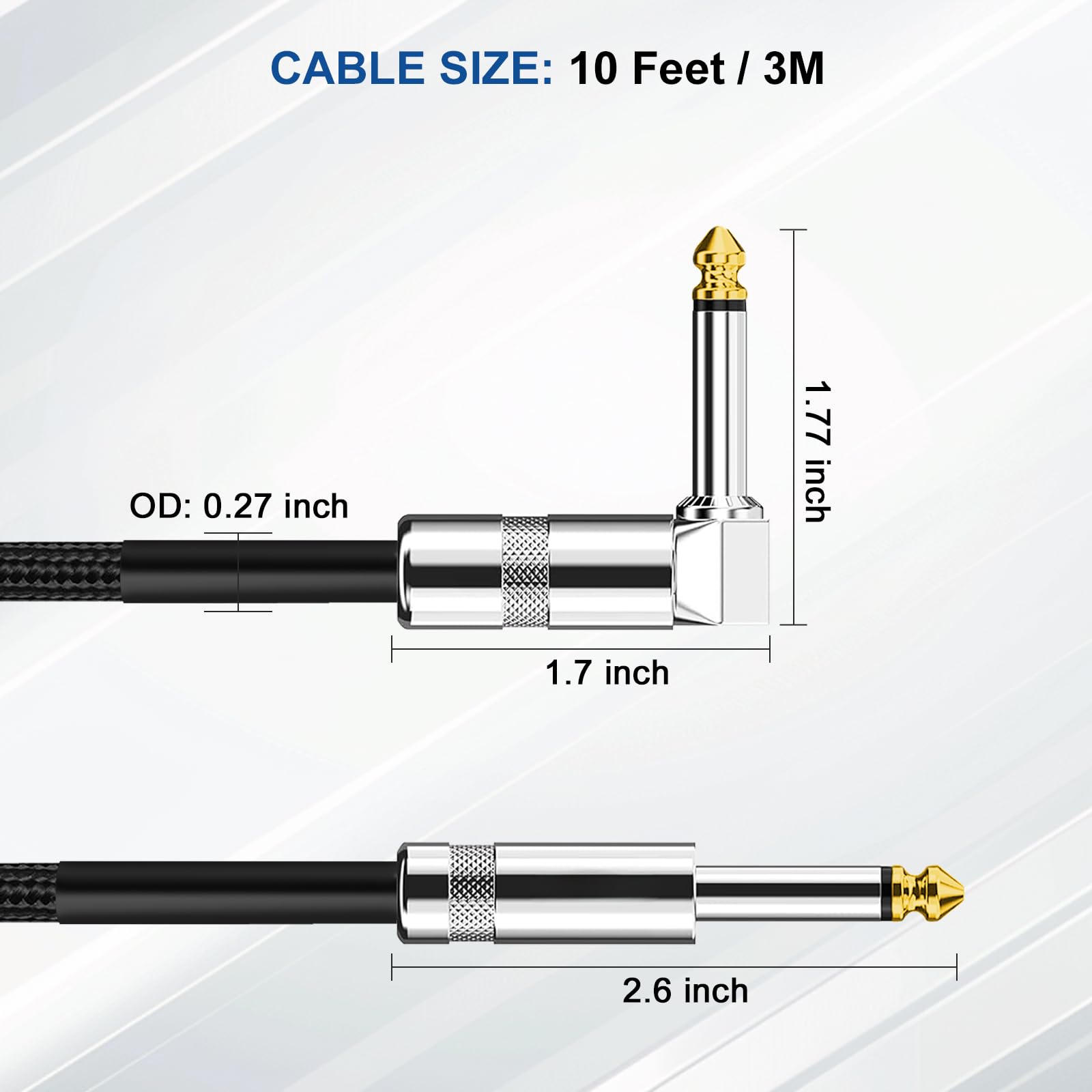 Aqdocvf Kabel do gitary 3 m, przewód AMP do gitary basowej i elektrycznej/klawiatury/mandoliny, profesjonalny kabel instrumentu audio (kąt prosty do prostego, czarny)