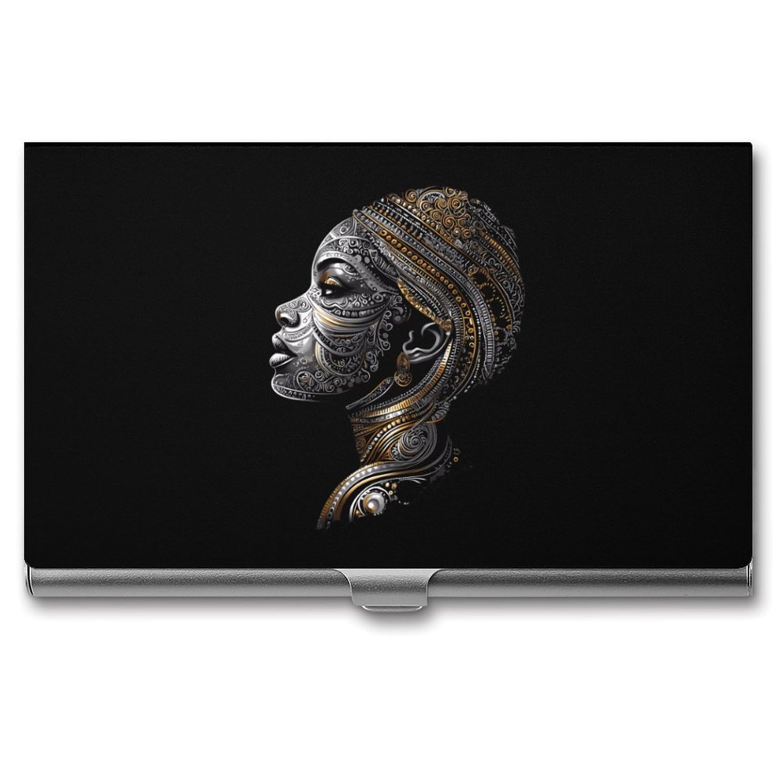 African Tribal Womans Head Slim Business Card Holder Wallet for Men & Women Pocket Metal Case 3.7x2.2x0.3 Inches