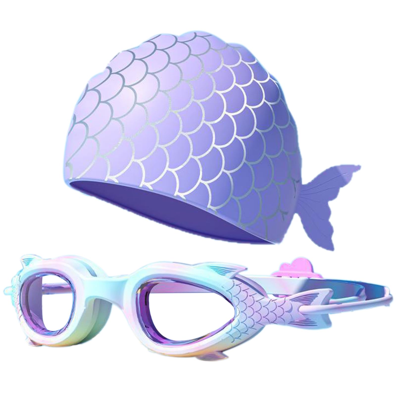 PORUPAEL Juego de gafas de natación y gorra para niños, gafas de natación de sirena, antivaho, sin fugas, gafas de piscina de silicona, gafas de natación ajustables para niños y niñas de 3 a 12 años