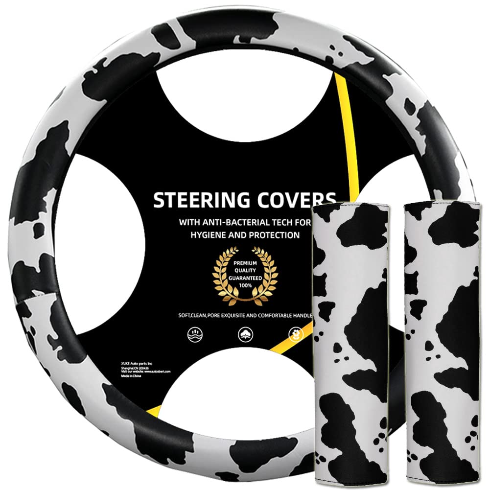 Photo 1 of AUTOXBERT 3Pcs Cow Print Steering Wheel Cover Set 15Inch Wheel Protector and 2 Pack Seat Belt Shoulder Pad Non Slip Car Interior Decorations