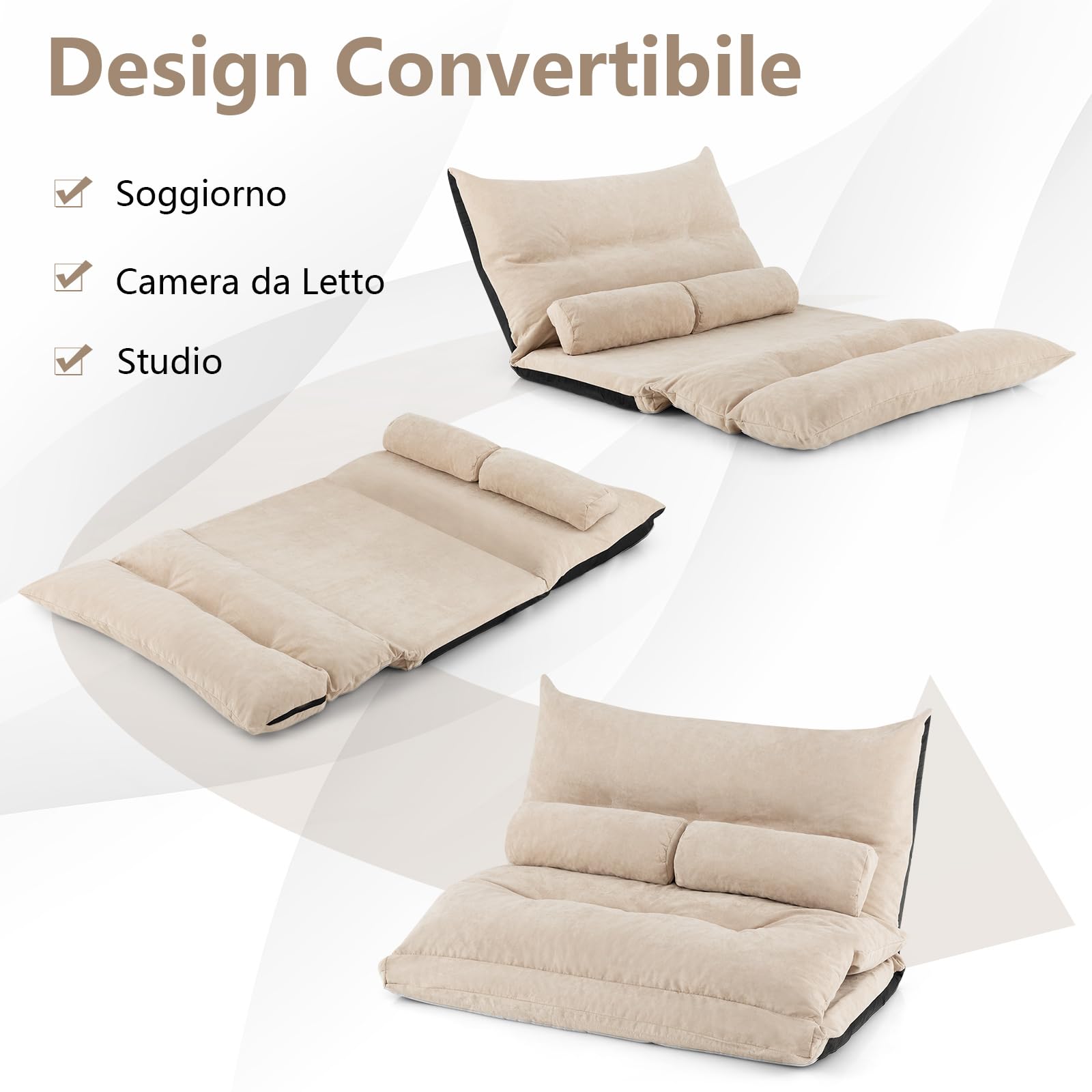 COSTWAY Divano da Terra Pieghevole, Divano Letto 2 Posti con Schienale Regolabile, Divano da Pavimento Trasformabile con 2 Cuscini per Camera da Letto Salone Balcone (Beige)