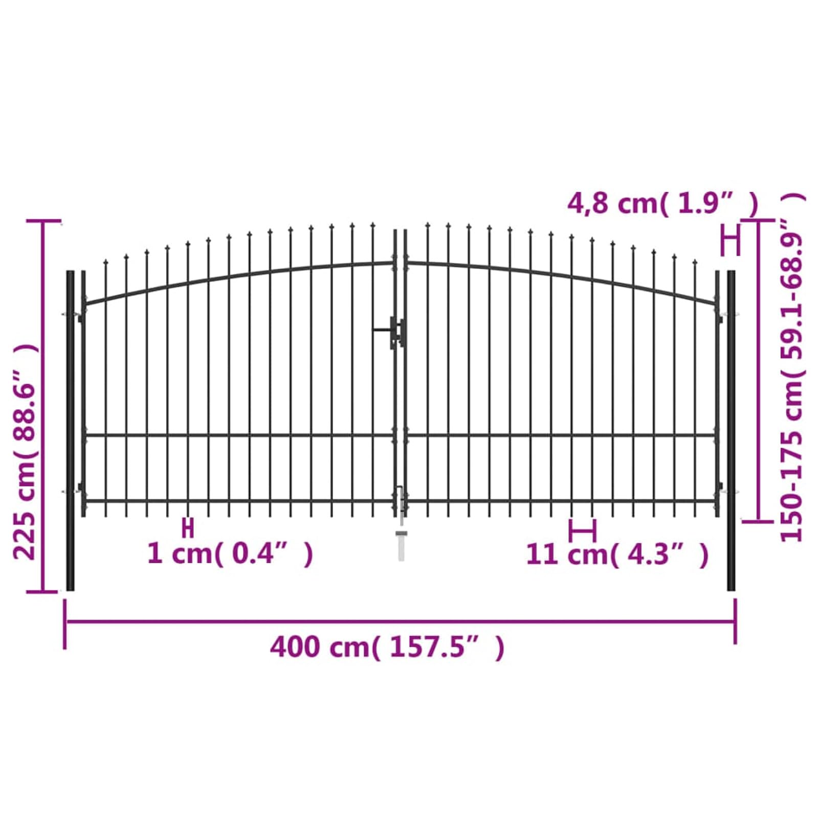 Cancello Doppio Giardino Esterno con Punte a Lancia Cacello per Recinzione Cancello in Metallo Cancello da Esterno con Chiavi -400 x 225 cm
