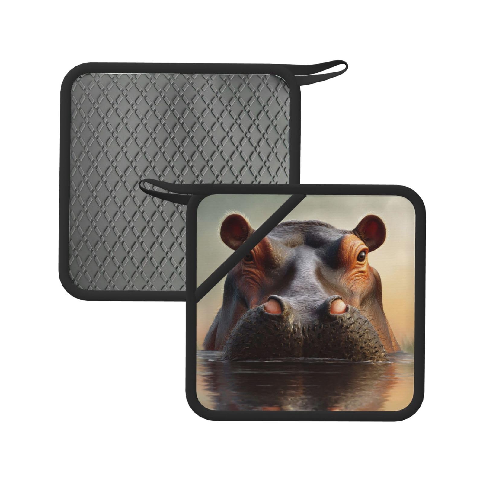 Pot Holders Set of 2 Kitchen Heat Resistant Potholders Hippo Silicone Aunty-hot Pad Cotton Lining Oven Hot Pads for Cooking Baking BBQ Microwave Kitchen