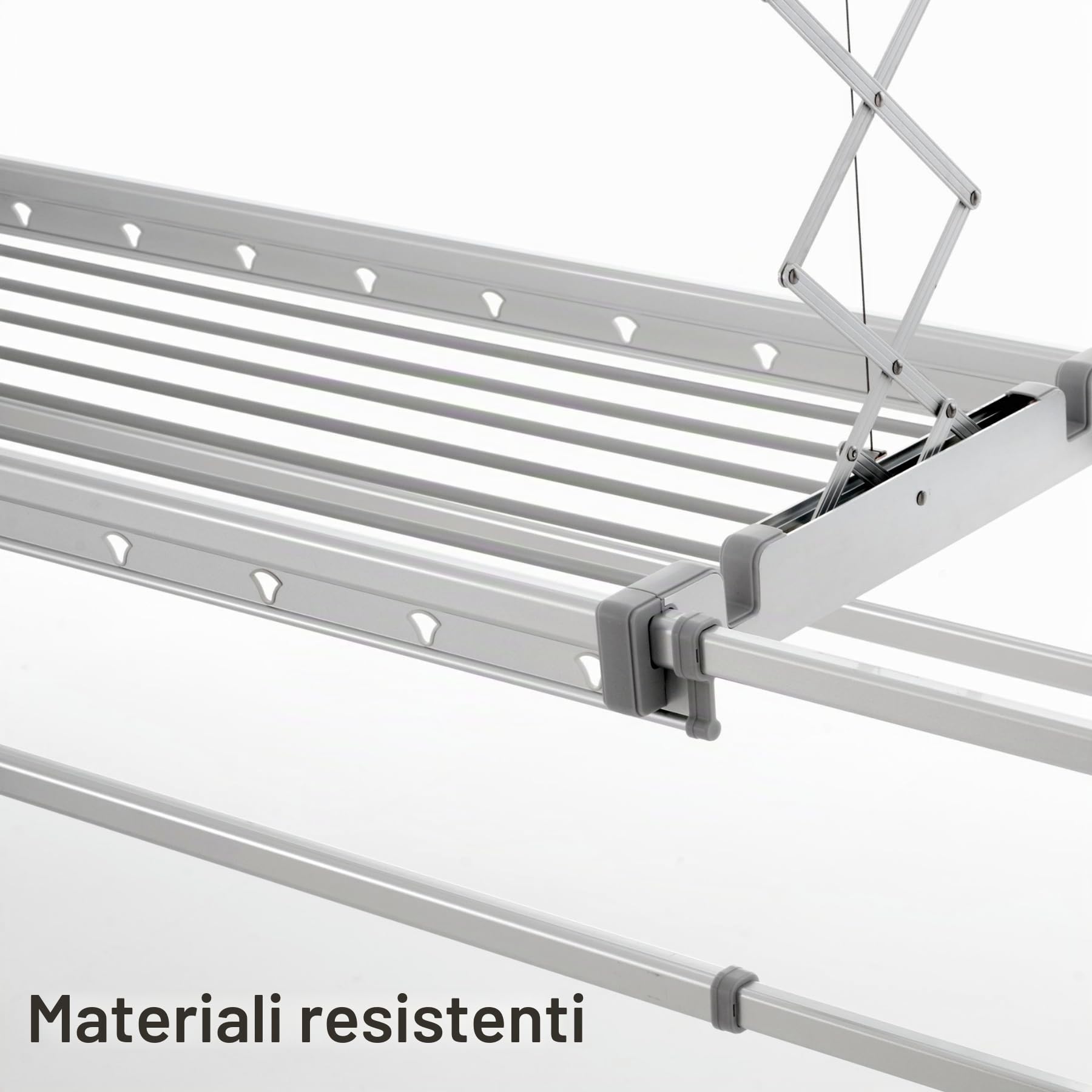 foxydry Pro, stendibiancheria da soffitto elettrico, con aria calda, 122 cm | salvaspazio, in alluminio, telecomandato, motorizzato, per lenzuola, luce LED, sostiene 35 kg, grigio