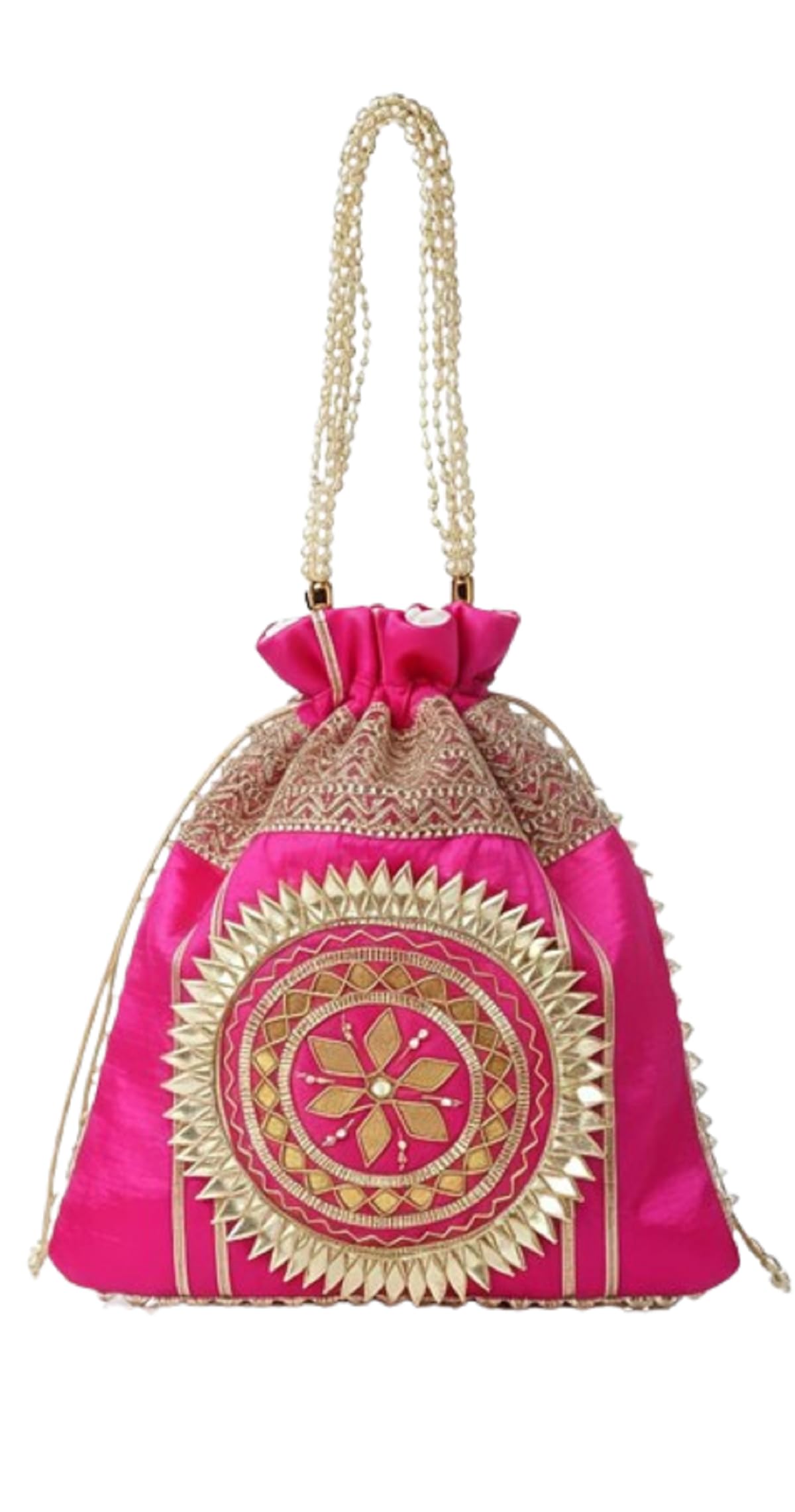 VARDAN Traditional Indian Gota Patti Potli Bag for Women – Ghatchola Gold Print Silk Ethnic Drawstring Clutch Purse-image-45